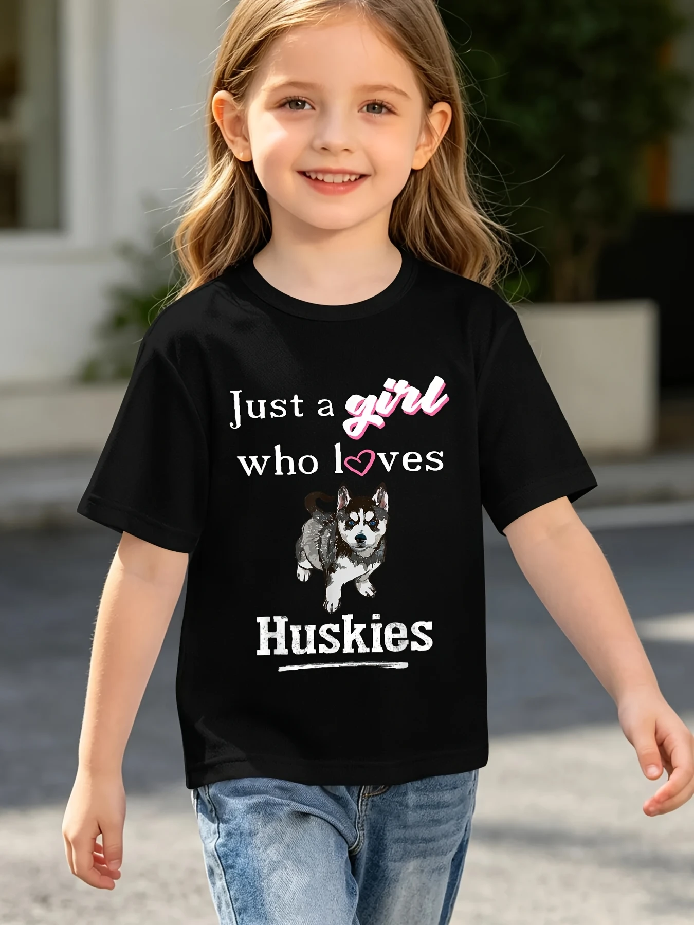 Lovely Husky Puppy With Heart Pattern Graphic T Shirt Boys Girls Sweet Short Sleeve Tee Family Matching Kids Casual Cotton Tops