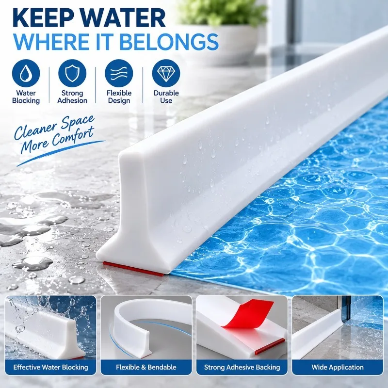 1PC 1.2M/47.24IN T Shape Water Barrier Strip Self Adhesive Flexible Shower Dam for Bathroom Sink Countertop Bathtub Wash Basin