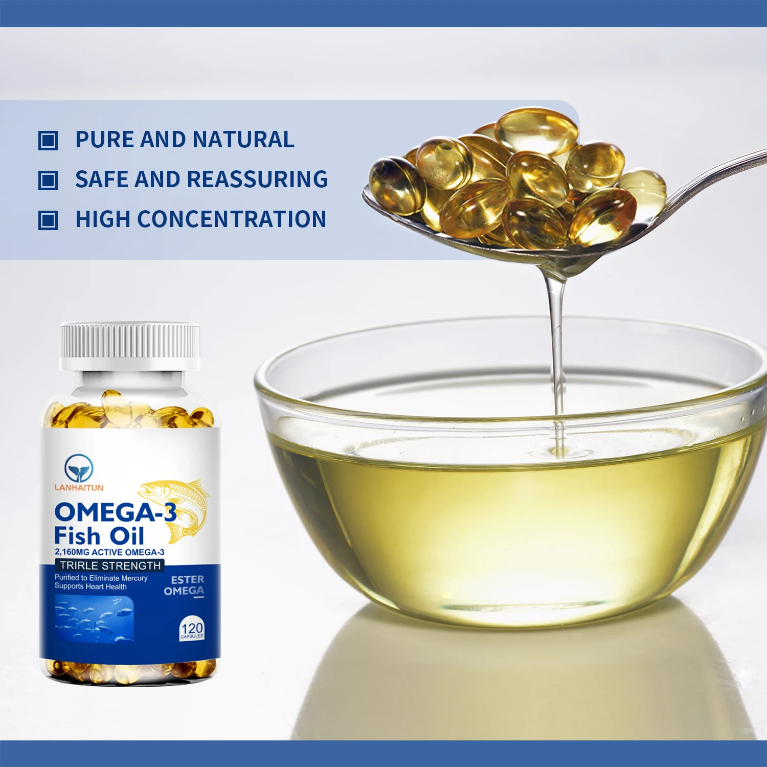 LANHAITUN 3 Bottles 2160MG Fish Oil Omega 3 Rich in DHA & EPA Promotes Immunity Joints, Eyes, Brain & Skin Health