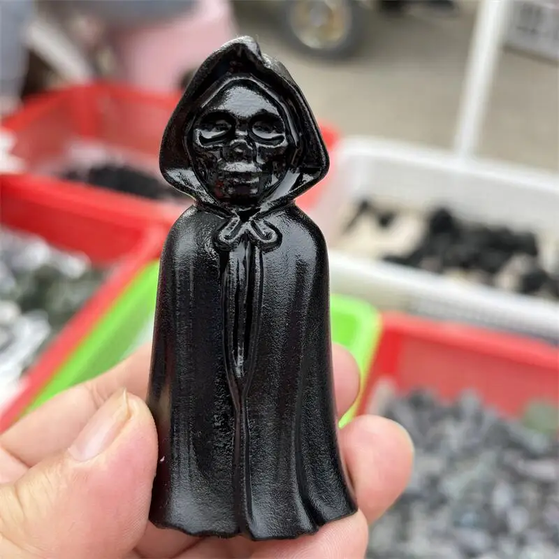 Natural Black Obsidian Wizard Death Carving Statue Crafts Animal Polished Healing Figurine Home Ornament Gift 1PCS