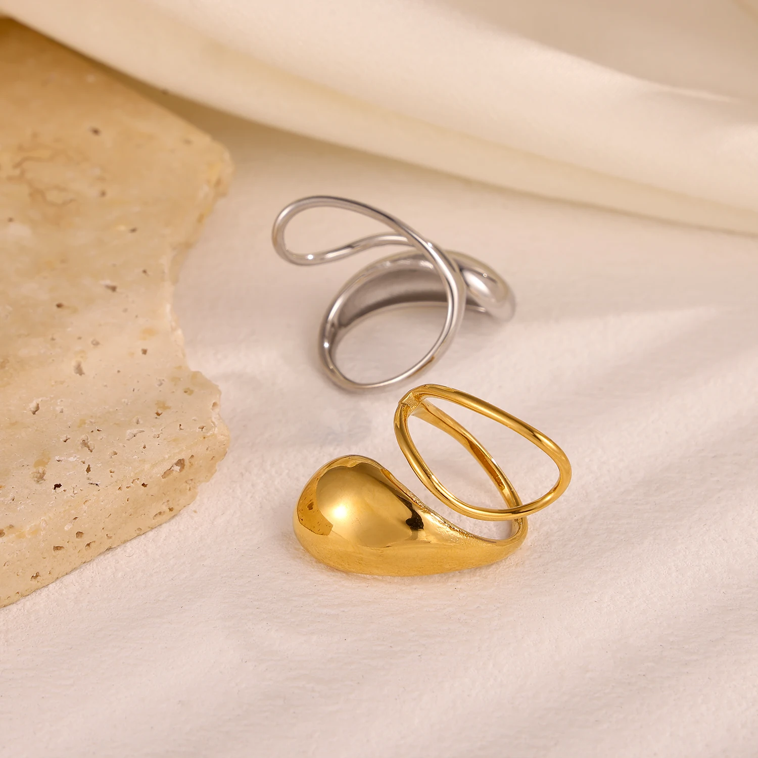 مجوهرات CARLIDANA قطرة الماء من الفولاذ المقاوم للصدأ حلقة مفتوحة مطلية بالذهب عيار 14 قيراط للنساء خاتم مبالغ فيه شخصي بالجملة