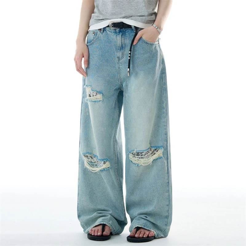 

Fall New Women's Vintage Washed Ripped Denim Jeans Y2K Fashion Vibe Loose Straight Leg Pants Hole Wide Leg Floor-Length Pants