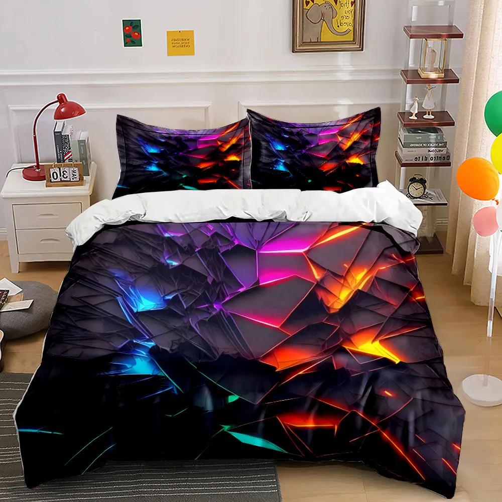 Abstract geometric shapes with neon glow Print Bedding Set 1 Duvet Cover 2 Pillowcases for Adult and Children Luxury Gift