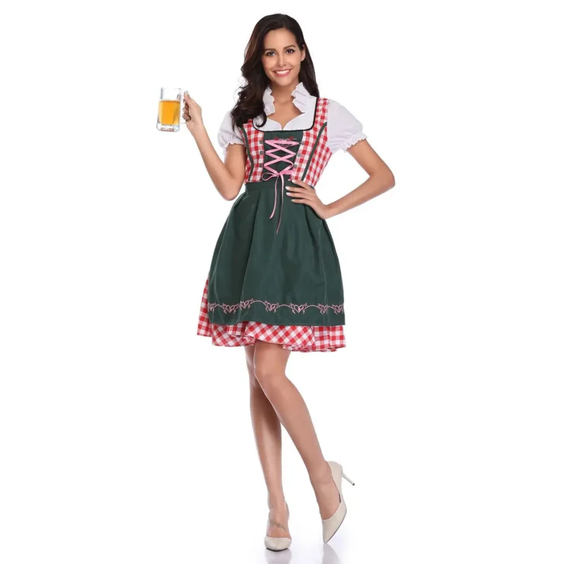 Women's German Beer Dirndl dress Apron Set Costumes Bavarian Oktoberfest Babe Bar Maid Carnival Red Plaid