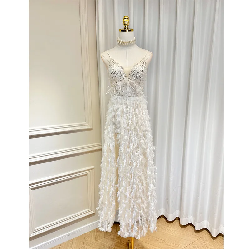 PJN Sexy Backless Evening Party Dresses Women High Slit Tassel Feather Quinceanera Dress Formal Cocktail Long Performance Dress