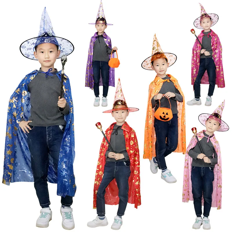 New Halloween Cloak Wizard Hat Suit Children's Day Dance Party Performance Dress Up Bronzing Pattern Cosplay Grim Reaper Costume