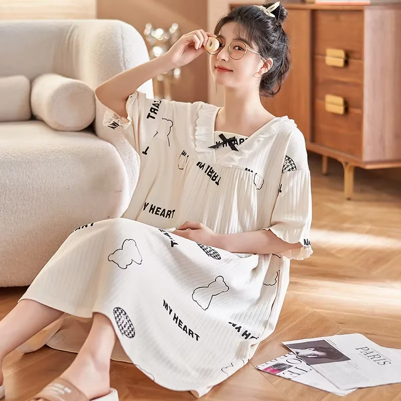 Summer New Style Knitted Cotton Women's Short-sleeved One-piece Nightdress Mid-skirt Pajamas Home Clothes
