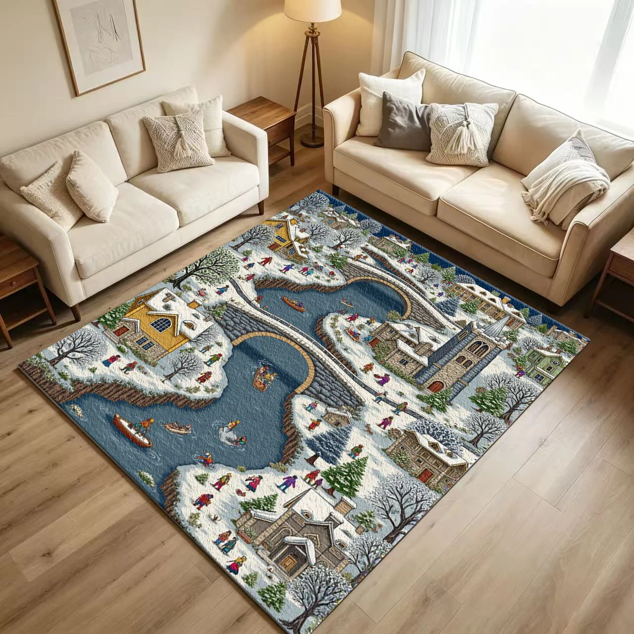 Pixel Art Winter Snow Town Landscape Carpet Flooring Retro Christmas Village Scenery Printed Floor Rug for Home Interior Decoration