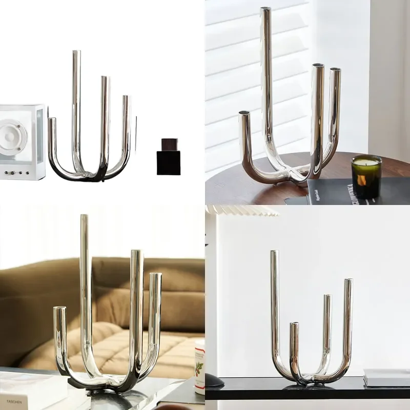 Modern Creative Art Silver High Low Four Headed Metal Candle Holder for Hotel Home Living Room Entrance Desktop Decorative
