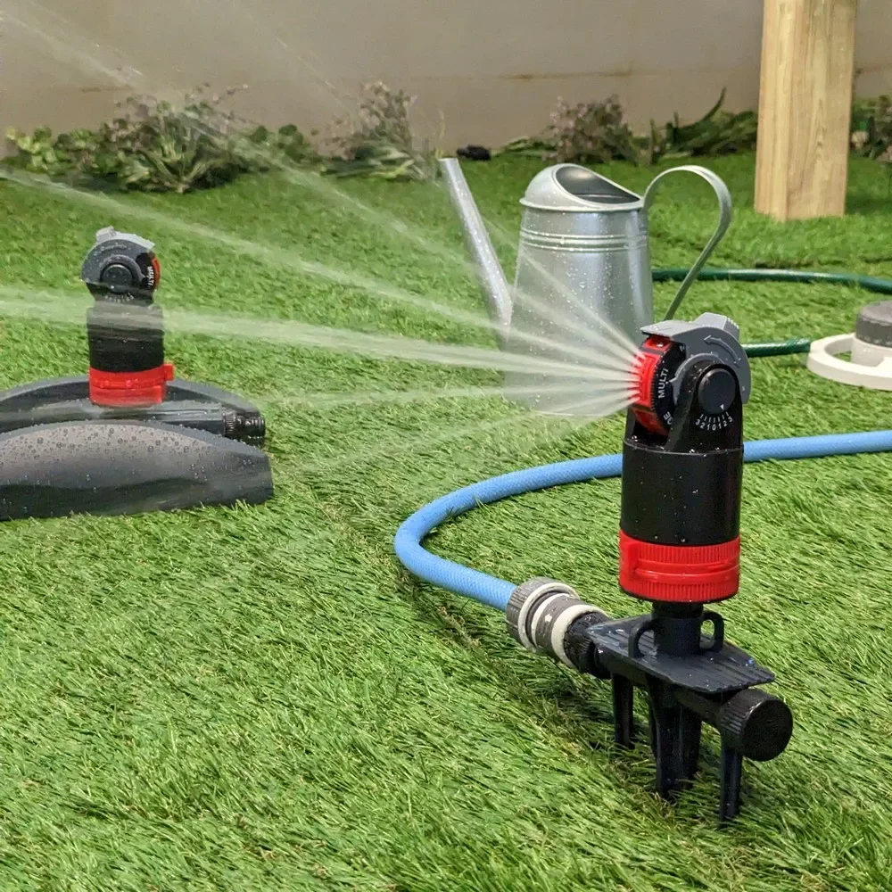 

Multifunction Gear Drive Garden Sprinkler with Trident Base 6 Water Patterns Irrigation Watering Areas