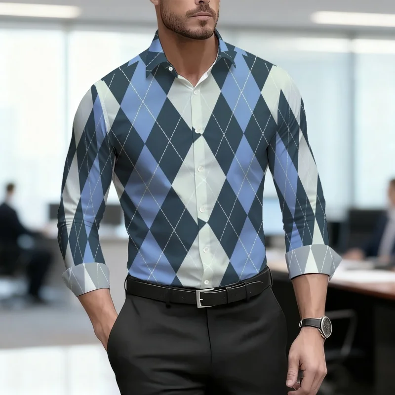 Men's shirt with diamond grid pattern, personalized contrasting color design, versatile street style, trendy men's clothing