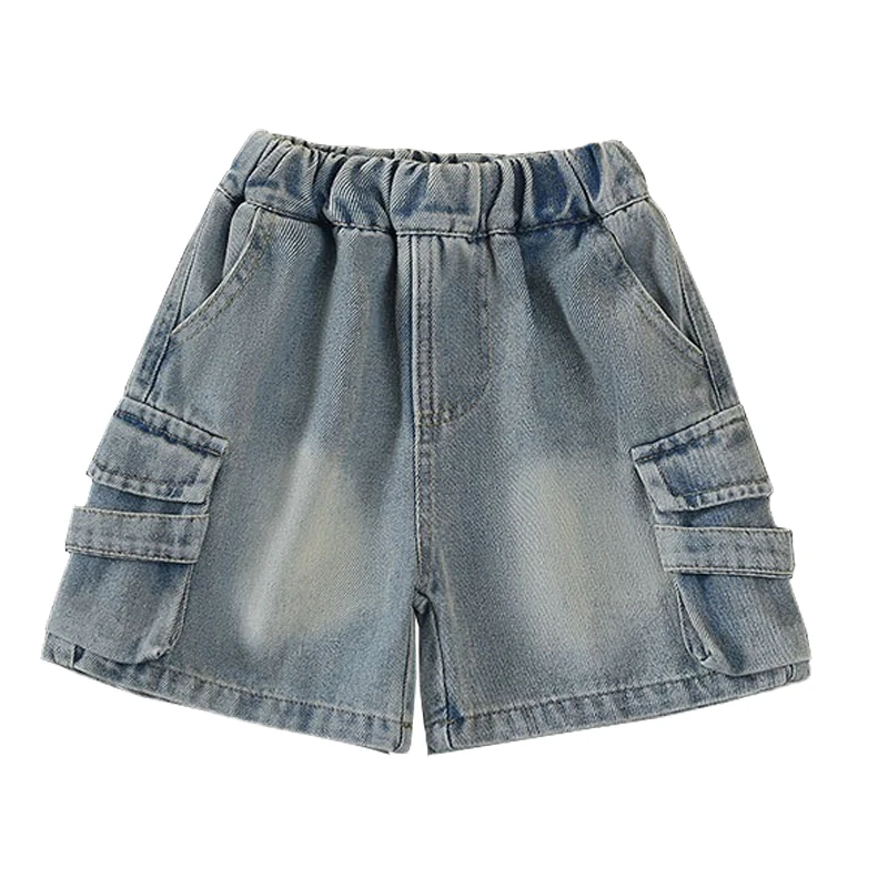 Summer Teen Boys Cargo Denim Shorts Fashion Solid Color Loose Jeans Pants For 4-14 Years Kids Children Cotton Casual Trousers
