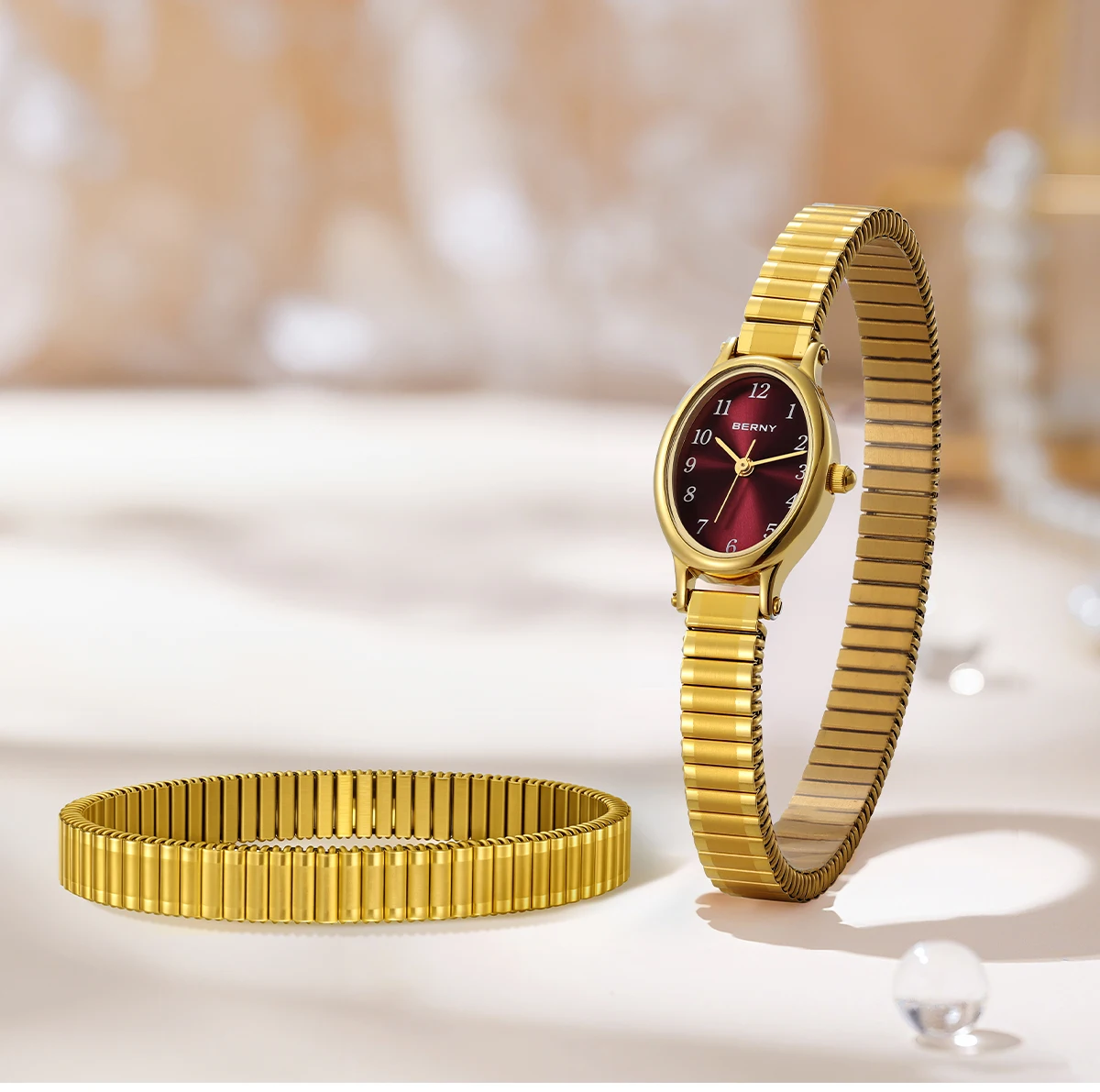 BERNY Goldene Uhren für Damen, luxuriöses goldenes elastisches Armband, elegante, leicht ablesbare Damenuhr, Stretch-Armband, Kleiderarmbanduhr – Detail 14