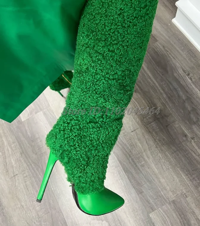 Green Lambswool Pointed Toe Knee High Boots Women's Sexy Leather Fur High Heels Big Size Boot Luxury Designer Party Shoes