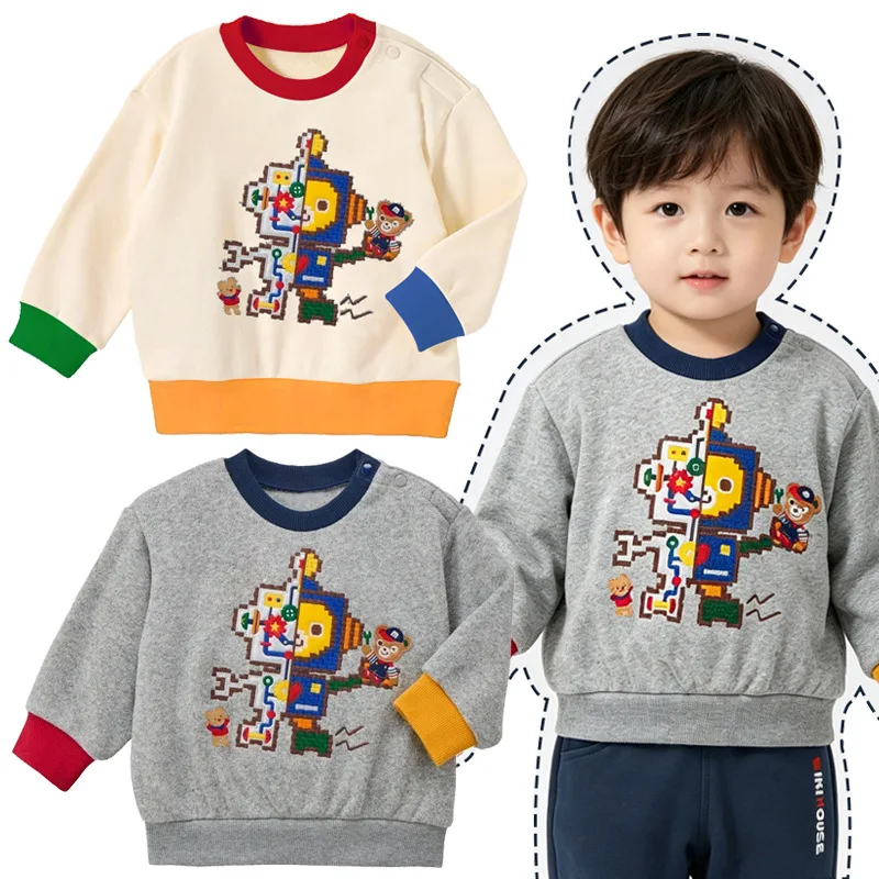Boys Girls Cute Color Block  Sweatshirt Japanese Fall Winter Cartoon Building Block Bear Robot Embroidery Tops for Kids Casual