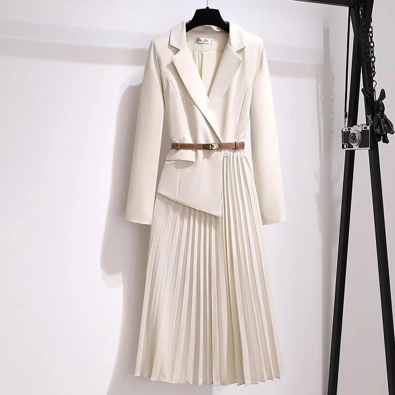 

Spring Elegant Fashion Fake Two Pieces Pleated Dress Women Long Sleeve Blazer Vestido Office Lady Vocation Waist Robes J107