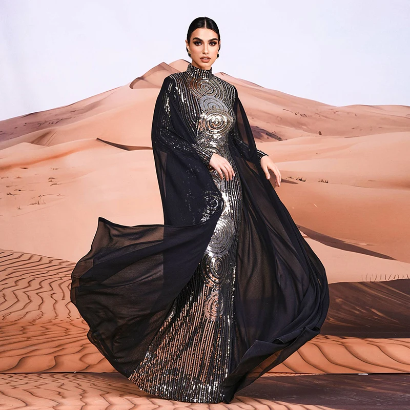 

Women Elegant Sexy Long Sleeve O Neck Dubai Abaya Muslim Sequined Cocktail Prom Party Evening Maxi Dresses Black Dress 2024