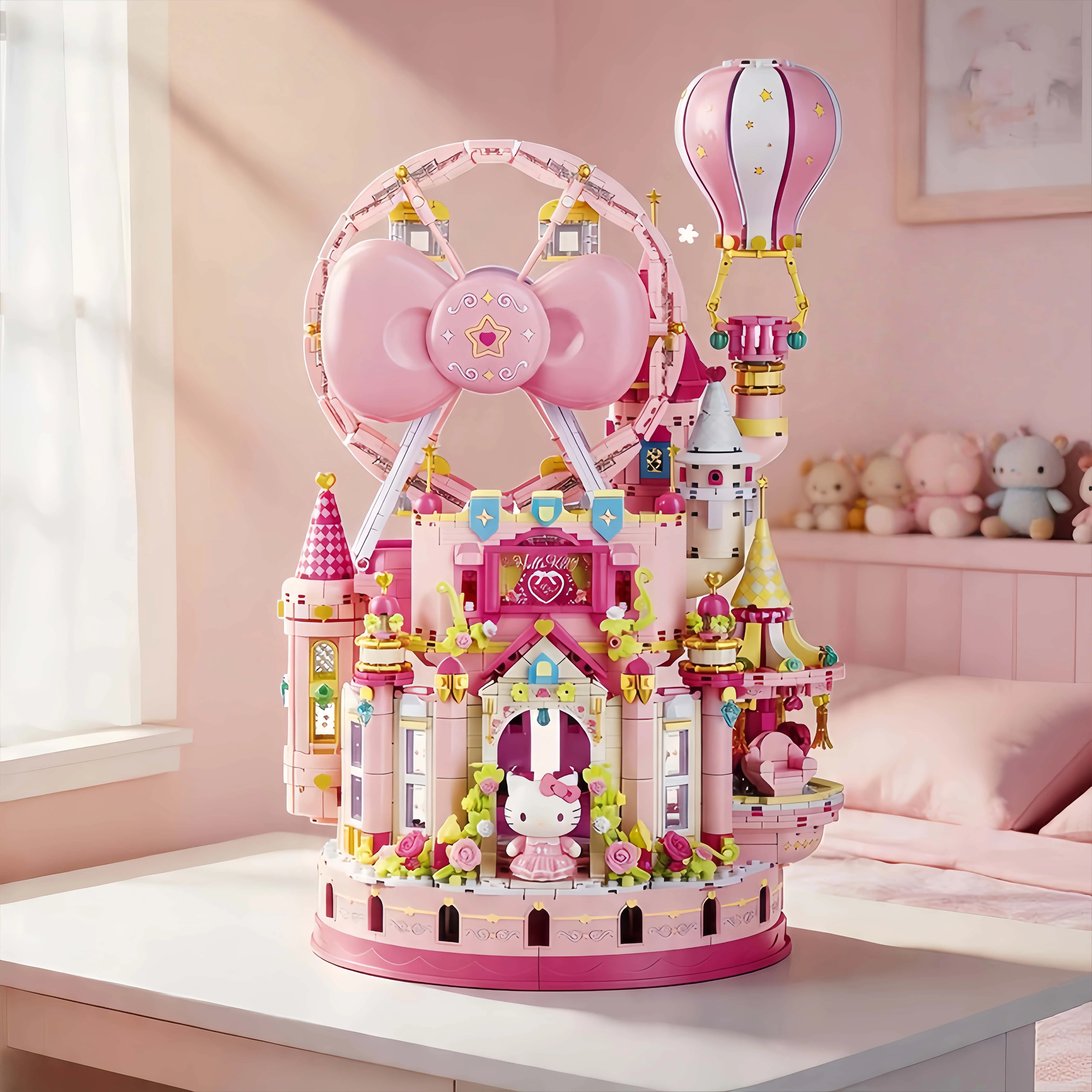 

Sanrio Building Blocks Hello Kitty Pink Wish Castle Architectural Assembly Toy Street Scene Models Desktop Ornaments Gifts