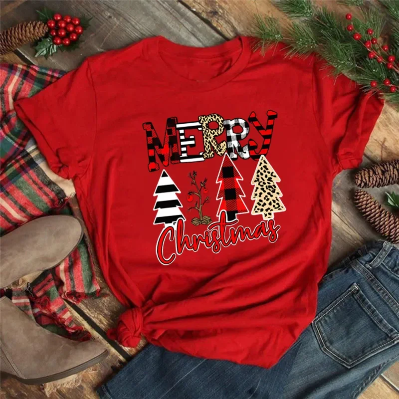 Women Tshirts Merry Christmas Tree Print Red Top Femal New Clothing Short Sleeve 90s Girls Lucky Deer T-shirts Aesthetic Clothes
