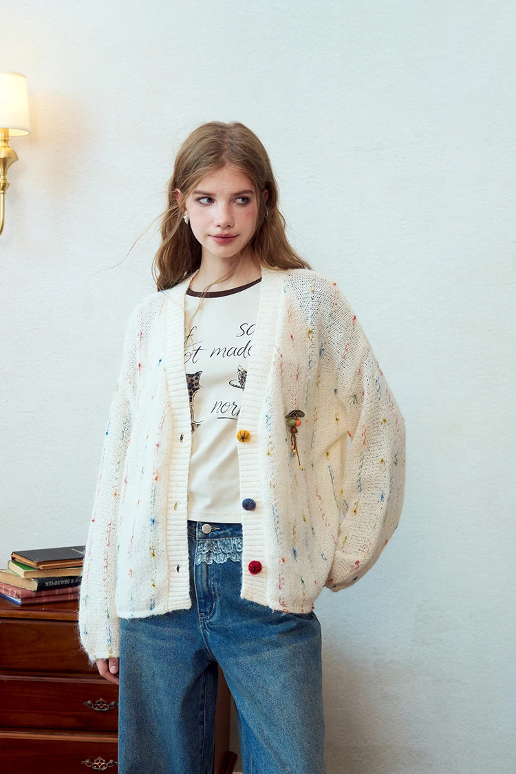 ELFSACK Women's Loose Fit Knit Sweater with Colorful Speckles & Pumpkin Buttons, Casual Daily Top