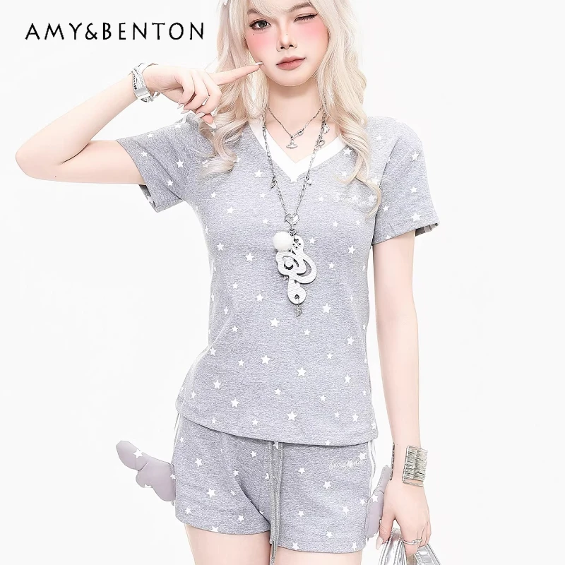 

Original Design Star V-neck Women's Short-sleeved T-shirt 2026 Summer Sweet Cool Age Reduction Versatile Thin Shorts Suit Ladies