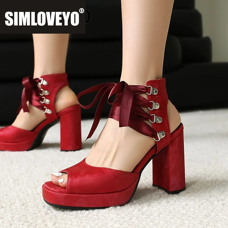

SIMLOVEYO Корейские женские босоножки с квадратным носком на массивном каблуке 9,5 см, платформа 2 см, шнуровка, большой размер 45, 46 47, пикантная модная обувь для вечеринок