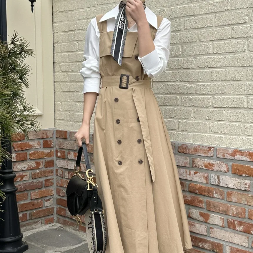 Women's Summer Sleeveless Long Dress With Belt, Khaki, Black, Korean Style, Popular, High Quality, Korea Dongdaemun 2024 New