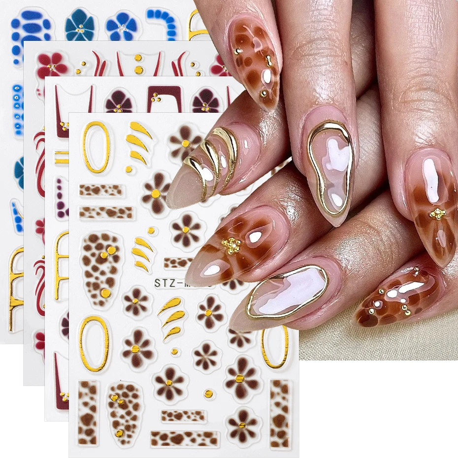 Braune Blume Französischer Farbverlauf Nagelaufkleber Orchidee Blühendes Muster Nail Art Aufkleber Goldene Linie Designs Nagel Charms Dekorationen