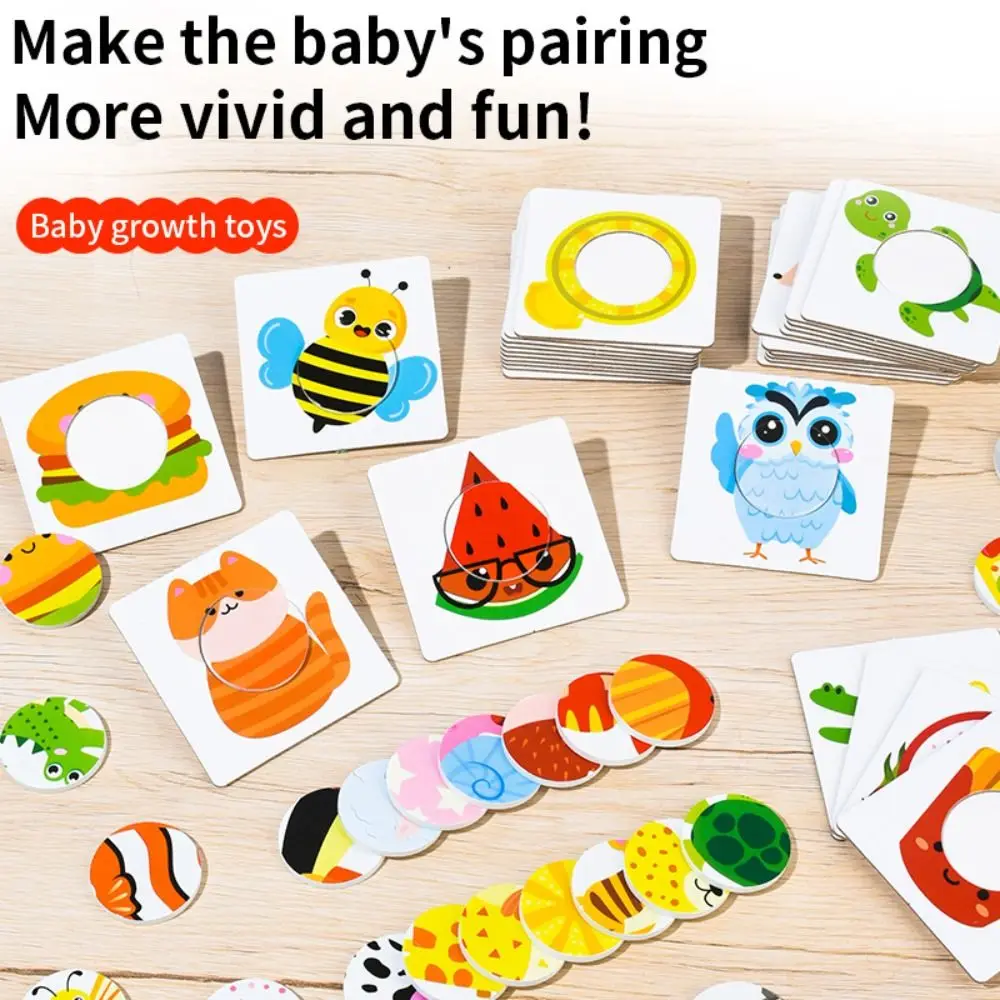 ของเล่นไม้สำหรับเด็ก กระดาษลายสัตว์ อาหาร ฝึกการเรียนรู้ 3 มิติ เกมกระดานพกพา DIY การ์ดจับคู่