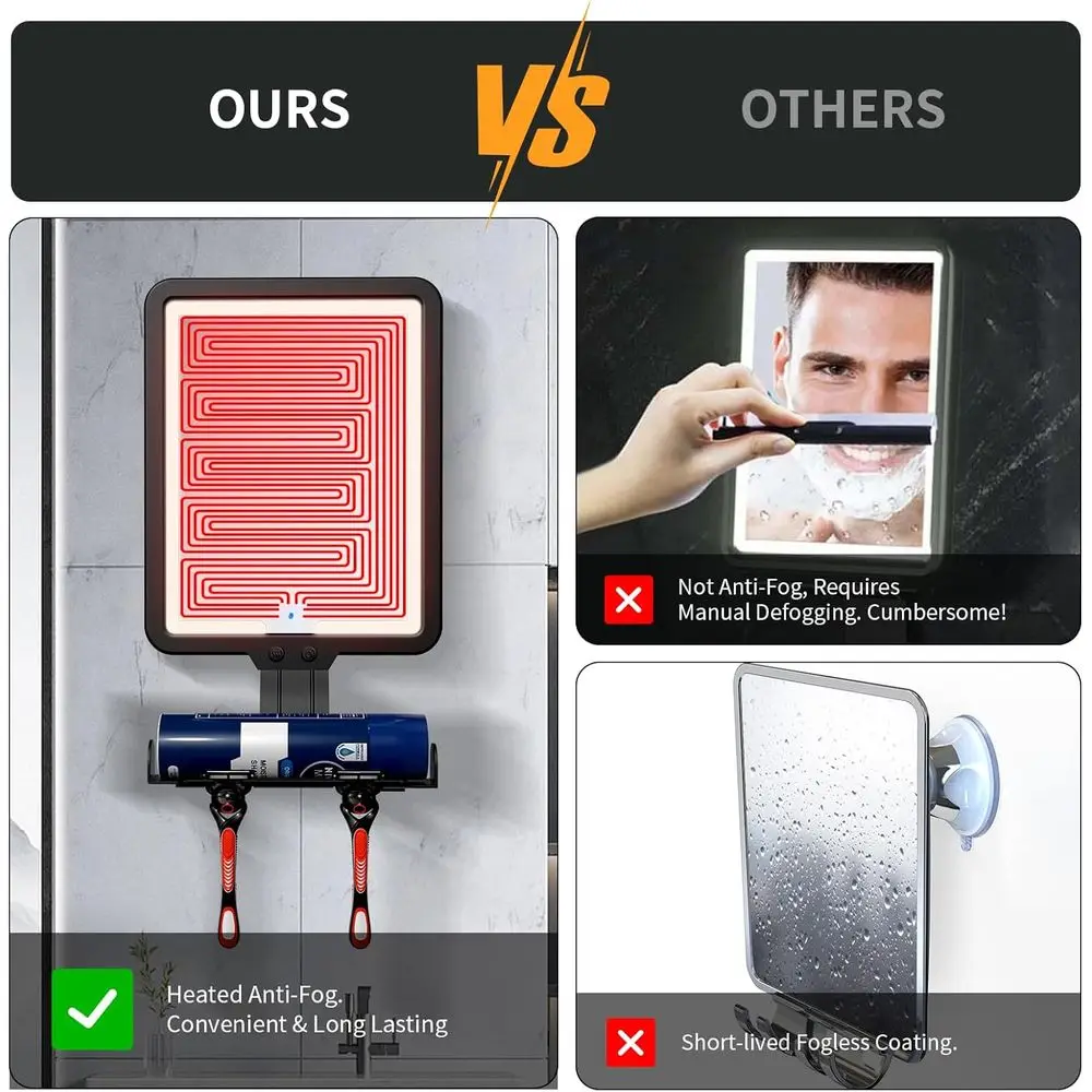 مرآة دش مضادة للضباب مع 3 أوضاع إضاءة، 9.5 × 7 بوصة، قابلة لإعادة الشحن، صينية تخزين وحوامل ماكينة حلاقة للحلاقة الخالية من الضباب #3
