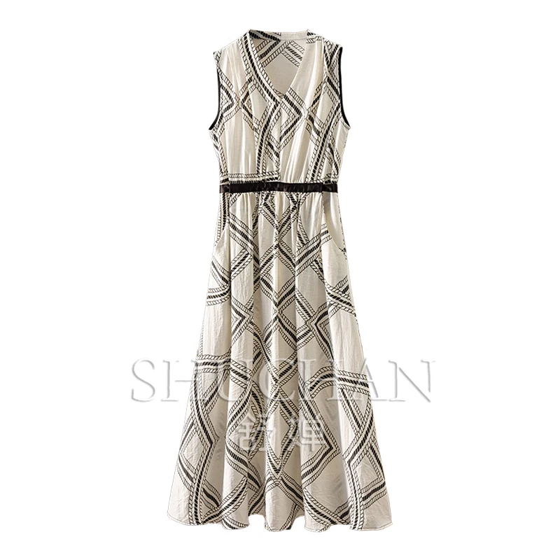 

simple and elegant temperament, high-quality cabinet with linen printing waist sleeveless dress women 0Y39