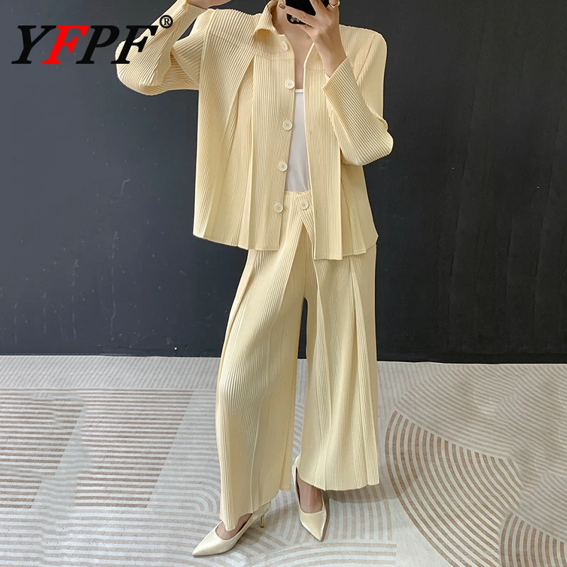 

YFPF однотонная офисная женская плиссированная женская рубашка из 2 предметов с лацканами и длинными рукавами на пуговицах, широкие брюки, модная новая одежда