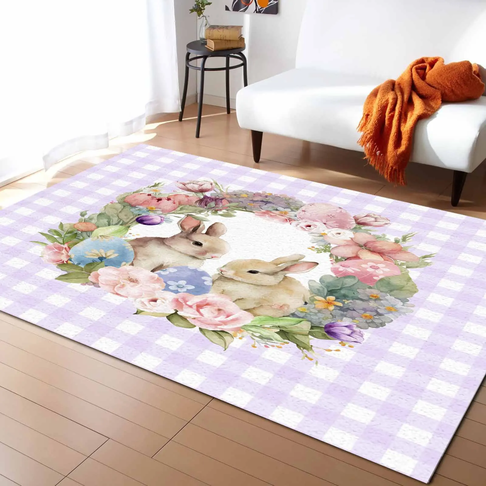 

Easter Rabbit Watercolor Flower Living Room Floor Mat Children's Bedroom Bedside Carpet Kitchen Door