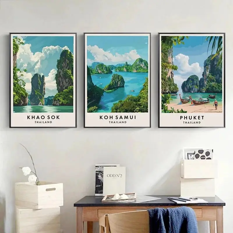 Thailand Reise-Kunst Leinwandposter Phuket Chiang Mai Koh Phangan Bangkok Stadtlandschaft Asien-Szenerie Wandkunst Gemälde Heimdekoration