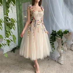 Champagne A-line 3D flower tulle tea-length fairy evening dress Homecoming Dresses Customizable