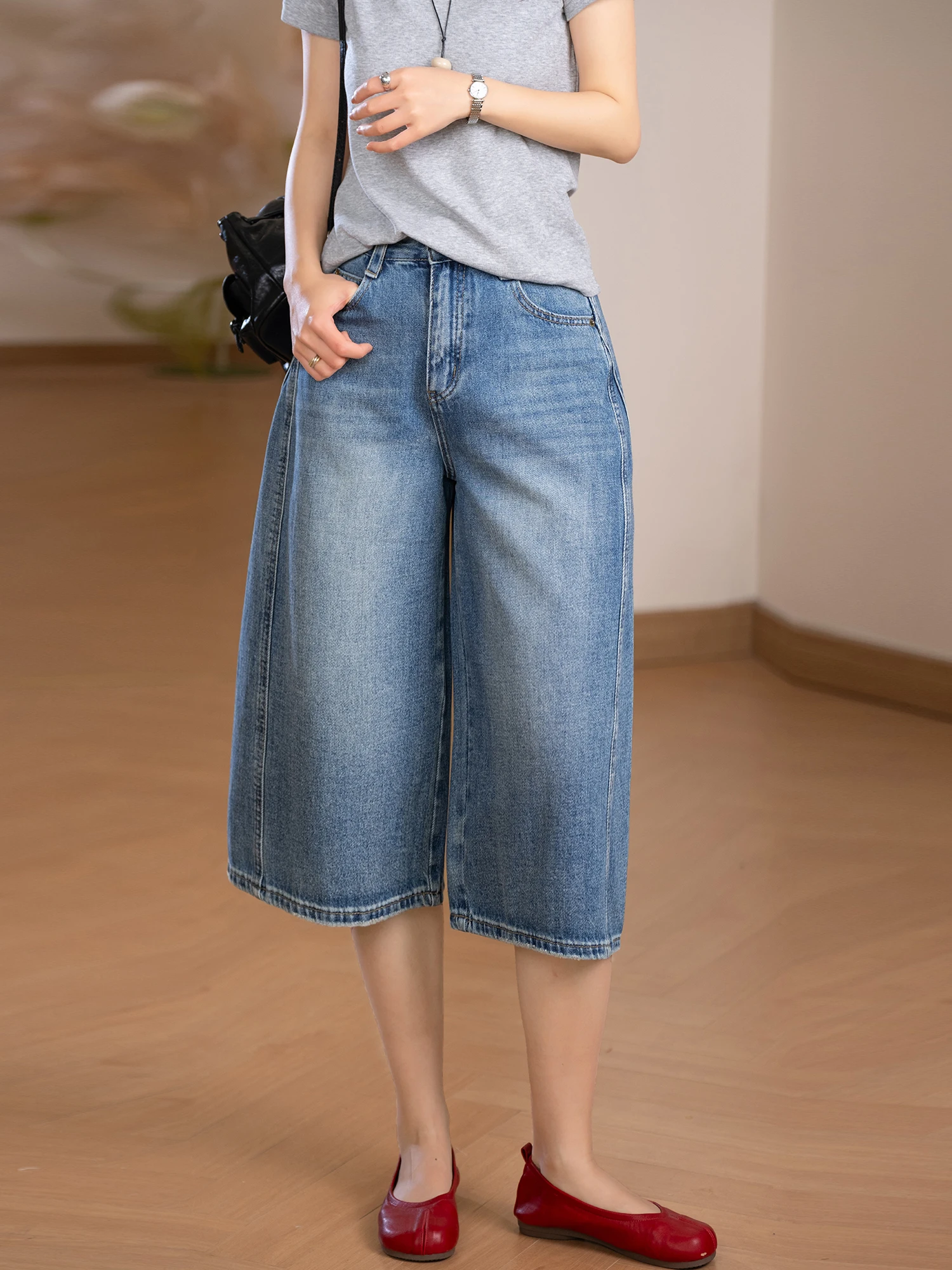 

Fashionable Retro American Cotton Suspenders Jeans Pants Seven-Foot-Length Tailored Fit Slimming Ladies Straight Leg Jeans