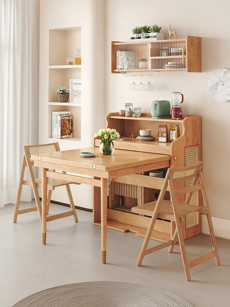 Nordic dining table folding storage  solid wood invisible telescopic small apartment household dining table