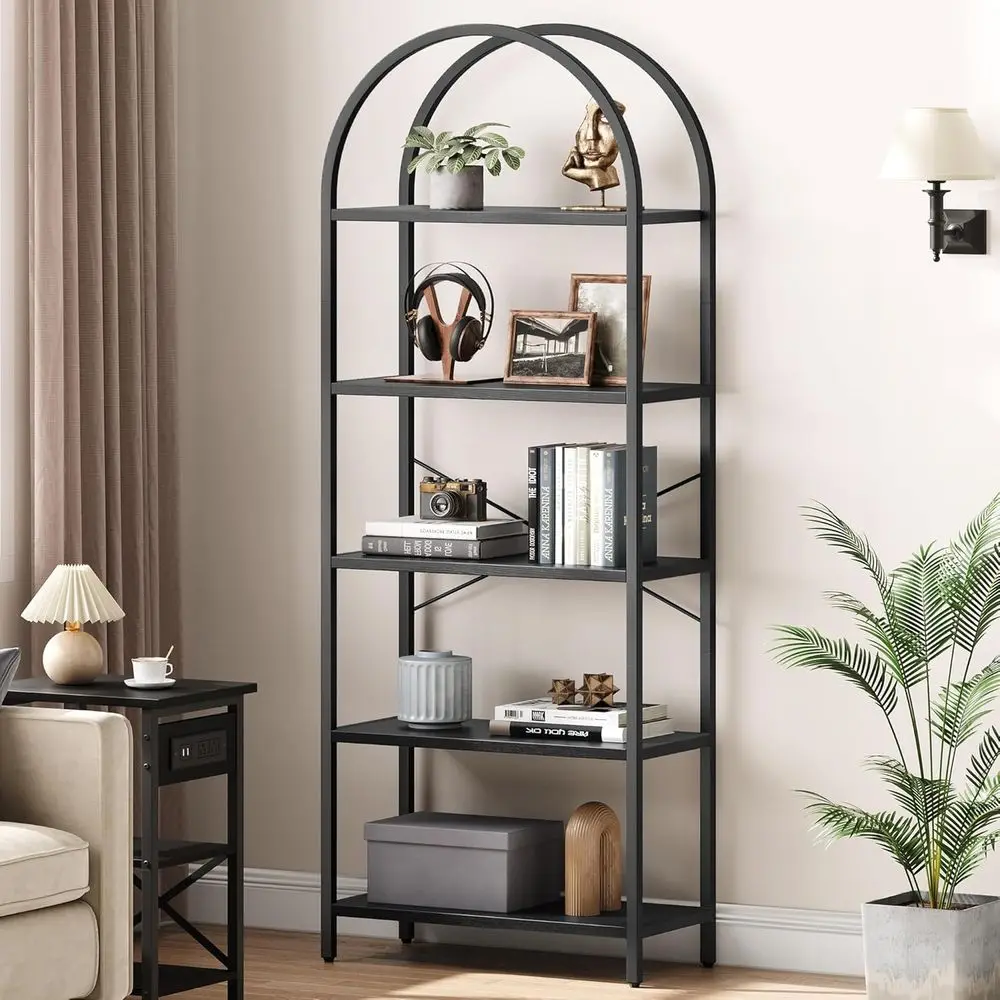 

5-Tier Arched Metal Bookshelf with Large Wood Shelves for Home Office, Bedroom, and Living Room Storage (Black)