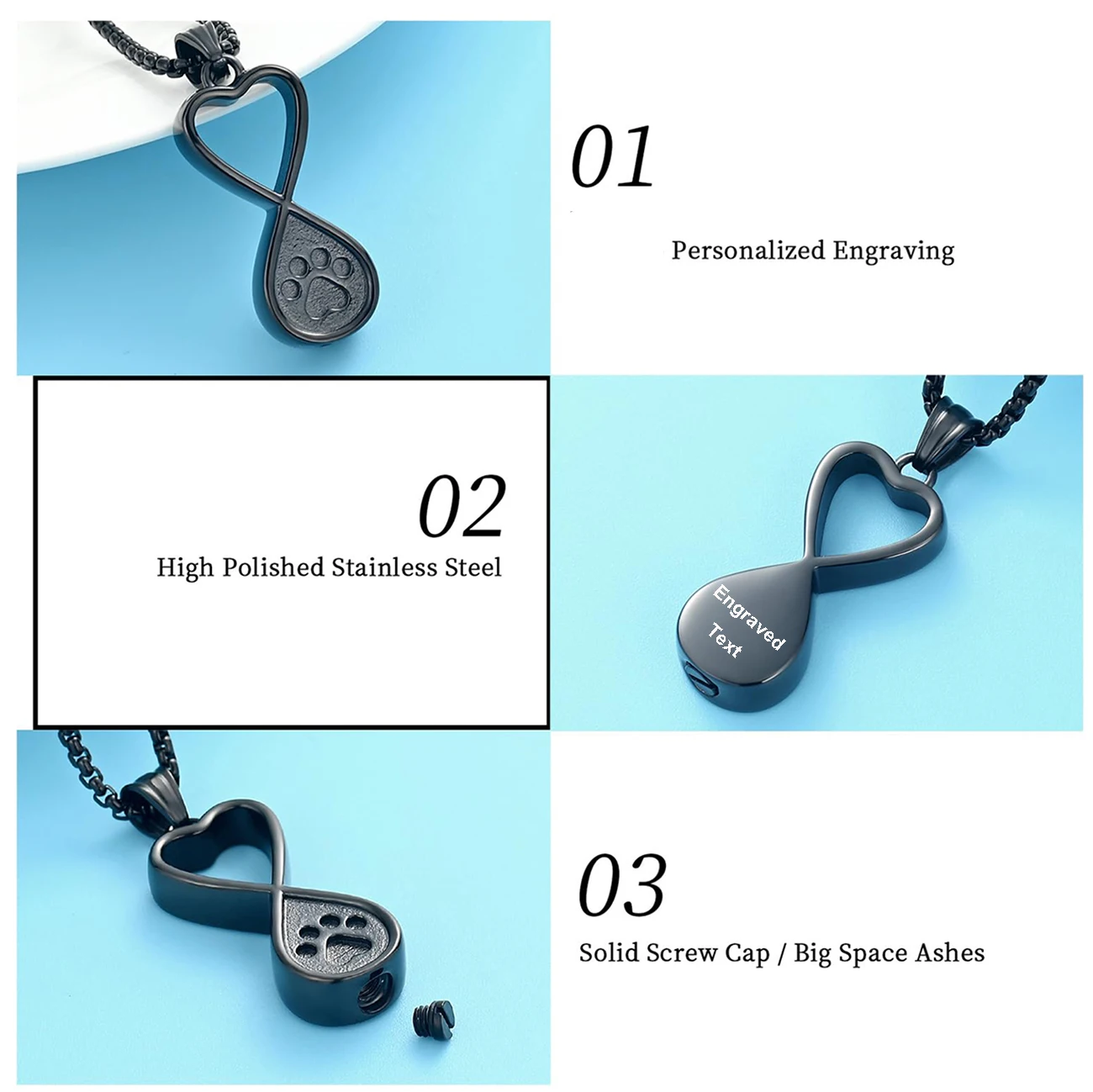 Infinity Love Pfotenabdruck Urnen-Schmuck für die Asche von Hund/Katze, Gedenk-Andenken, Urnen-Halskette, Anhänger, Gedenkstahl-Schmuck – Detail 4