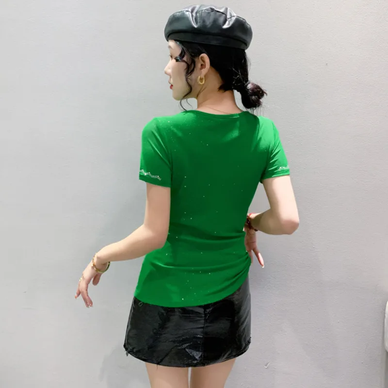 #5456 Black Red Green Mesh T Shirt Women Hollow Out Ruffles Tight Stretch Tshirt Short Sleeve Sexy Streetwear Tee Thin V-neck