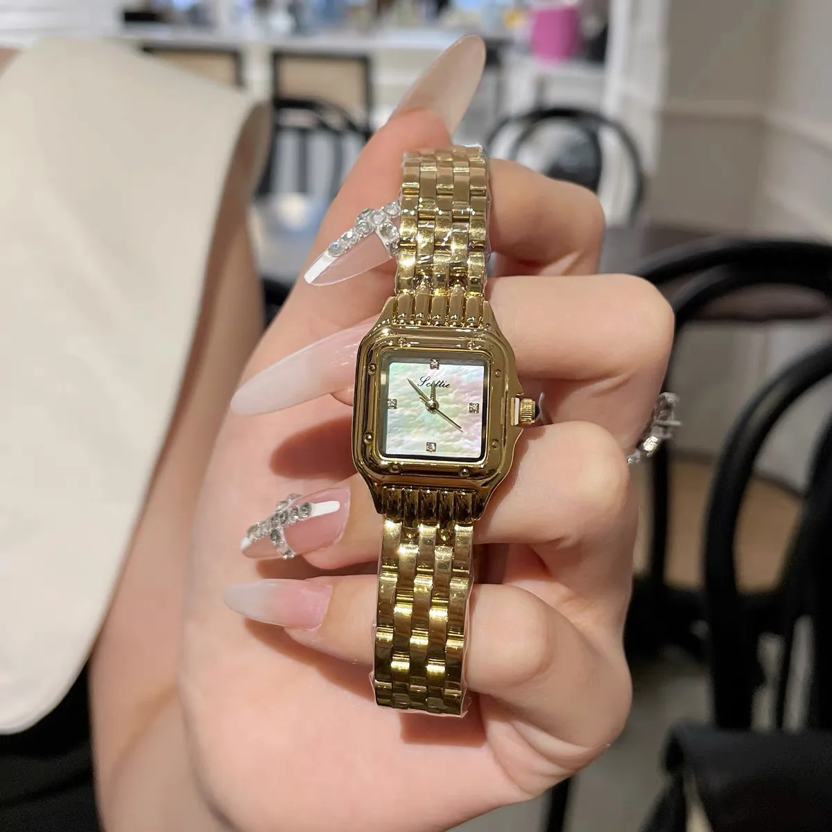 New Square Steel Strip Small Dial Colorful Mother of Pearl Face Rhinestone Women's Watch Elegant Business Quartz Watch