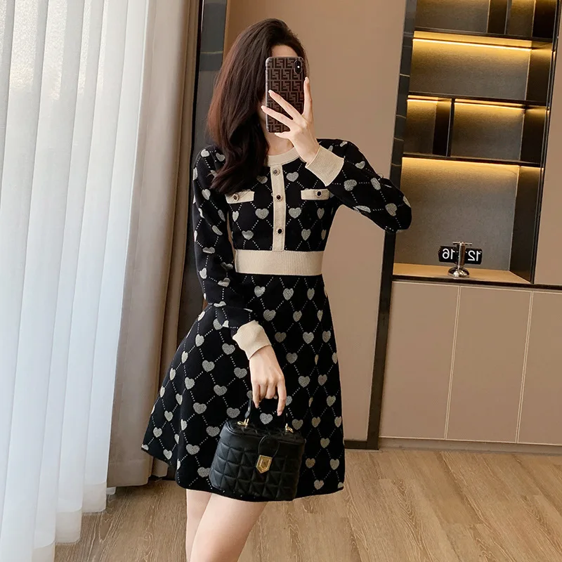 #0962 Black Plaid Kntted Mini Dress Round Neck Buttons High Waisted Vintage Short Vintage Sweater Dress Women Elegant Autumn2023