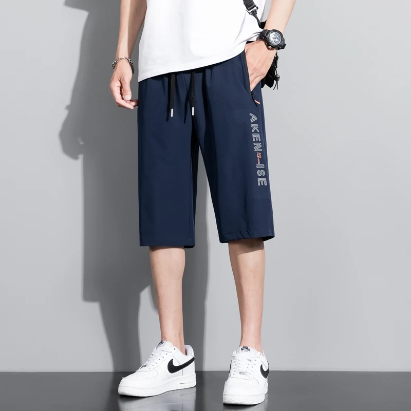 Summer Bottoms Ice Silk Pants Men Breathable Lightweight Calf-Length Short Sweatpants 3/4 Straight Loose Casual Cropped Trousers