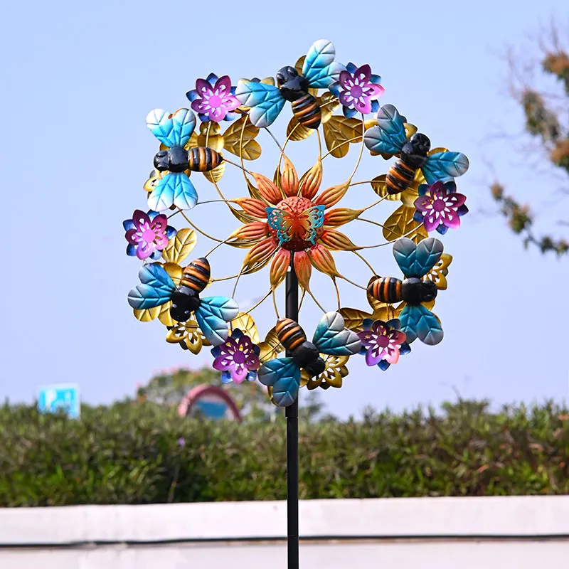 Solar Powered Iron Bee Windmill Outdoor Garden Decor for Villa Rotating Yard Ornaments with Ground Insert Whimsical Landscape
