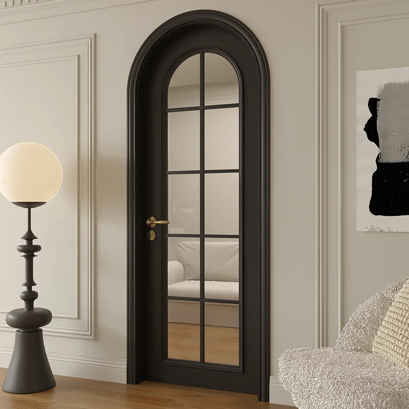 Vintage French style black room door arc arched solid wood bedroom door lattice glass interior door 4