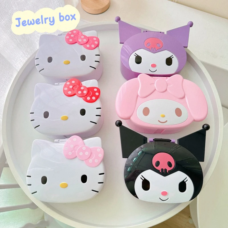 

Sanrio Hello Kitty Мелодия Коробка для хранения с зеркалом Мультфильм Kt Cat Откидная крышка Ватные палочки Ватные подушечки Организация ювелирных изделий Подарок