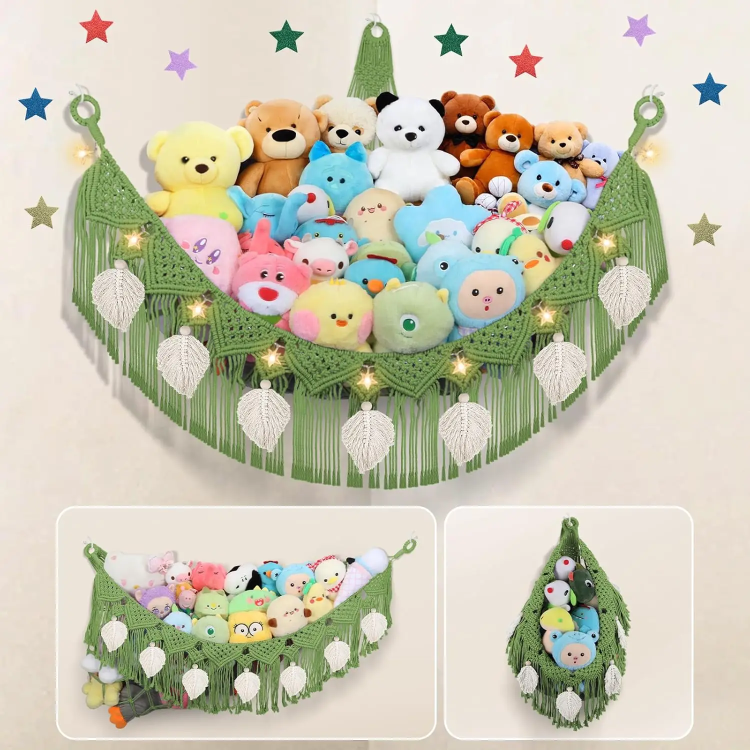 

Stuffed Animal Hammo Corner, 56'' Large Boho Leaf Rame Wall Mount Toy Hammock, Hanging Net Organizer For Teddy Plush, Avocado