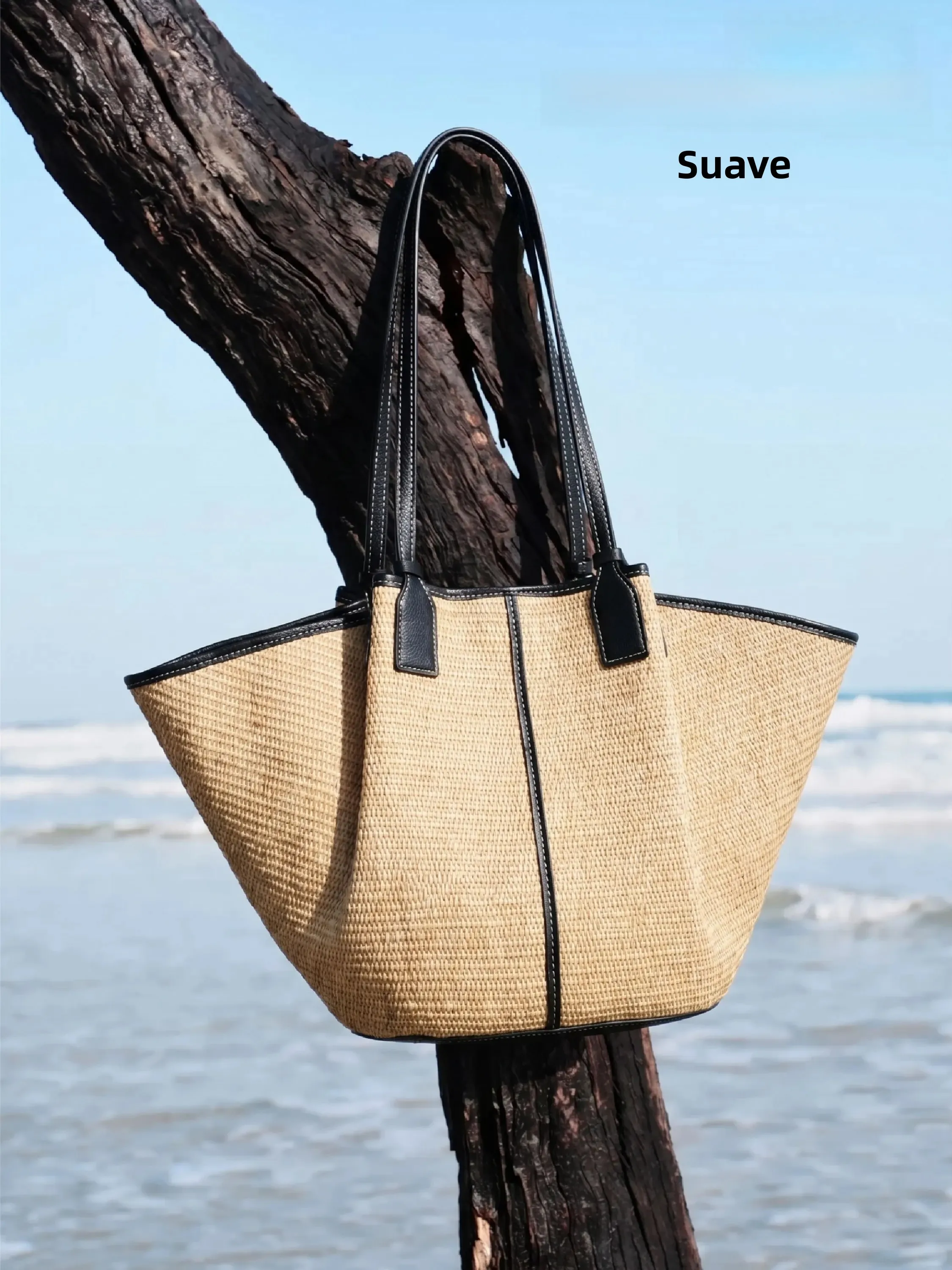 UZOE Nova Bolsa Tote Grande de Palha Trançada Estilo Praia e Férias com Toque Sofisticado, Bolsa Laffey com Design de Emenda ...