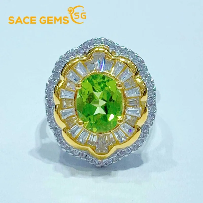 SACE GEMS New 925 Sterling Silver 7*9MM Natural Peridot Gemstone Rings for Women Engagement Cocktail Party Fine Jewelry Gift