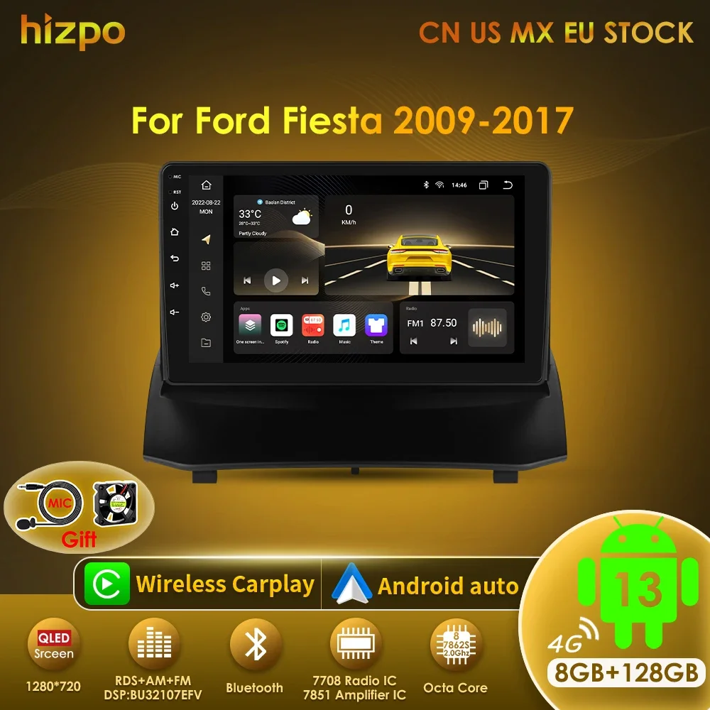 

Hizpo 2 Din Android 13 Car Radio Multimedia For Ford Fiesta 2009-2017 Video Player GPS Navigation 4G+WIFI Carplay Head Unit 7862